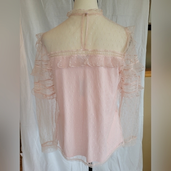 Express blush pink lace Swiss dot lined Victorian mock neck long sleeve blouse S - Picture 8 of 10